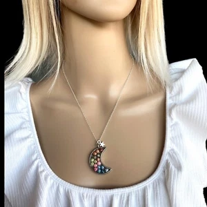 Gemstone Beads In Resin Moon Pendant Necklace Healing Stones Silver Chain 18” - Picture 1 of 5