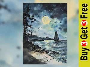Radiant Moonlit Coast 5"x7" Print on Matte Paper | Peaceful Evening Painting - Picture 1 of 18