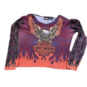 Vintage Womens Made Usa Harley Davidson Eagle Flame AOP Shirt Large Y2K Baby Tee - Bild 1 von 7