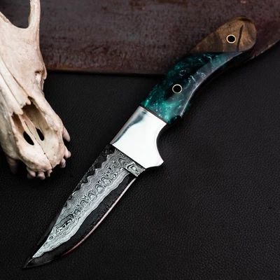 Cuchillo Damasco/Acero 8.8" Listo para Regalo Full Tang Hunt it Hunt + Funda de Cuero Foto 1 de 4