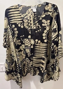Step In Style Tunic Womens 1x Black Yellow Lagenlook Artsy Breathable Button Up - Picture 1 of 15
