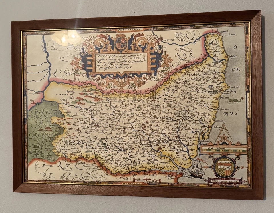 Vintage 1960s Framed Reproduction Map - Suffolk, England Christopher Saxton 1575 - Image 1 of 4