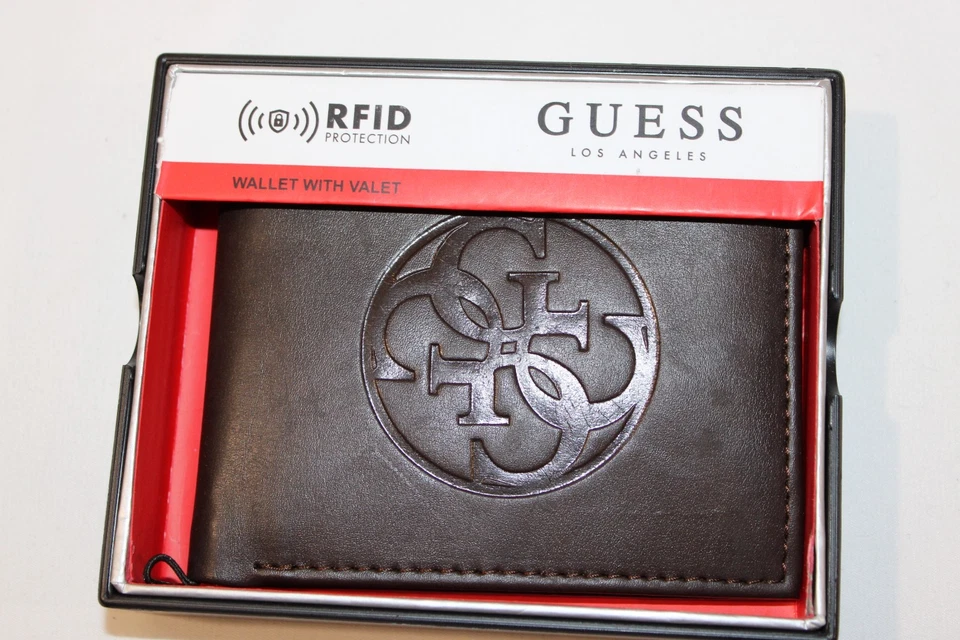 Guess Dark Brown RFID Leather Bifold Wallet $42, RFID Protection, NEW - Image 1 of 4