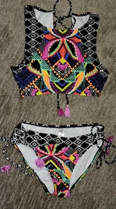 No Boundaries Damen Neon Patchwork Print Bikini Größe L (11-13) gepolstert Schnürung - Bild 1 von 4