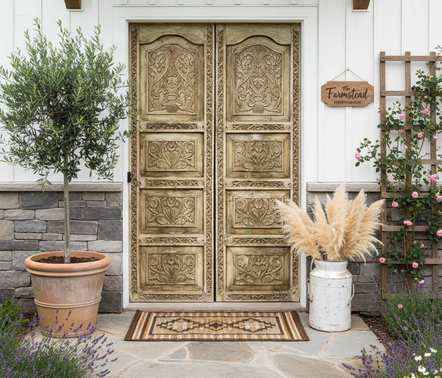 Porta esculpida vintage rústica floral verde porta de madeira portas de jardim deslizantes 78x48 - Imagem 1 de 4