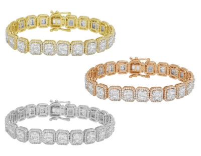 Brazalete Tenis Baguette Halo Cuadrado 9 CT Diamante Real Oro 10MM 8" Foto 1 de 4