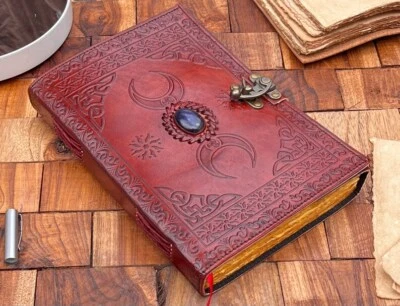 Triple Moon Crystal Leather Journal • Travel Diary Sketchbook • Spiritual Chakra - Image 1 of 4