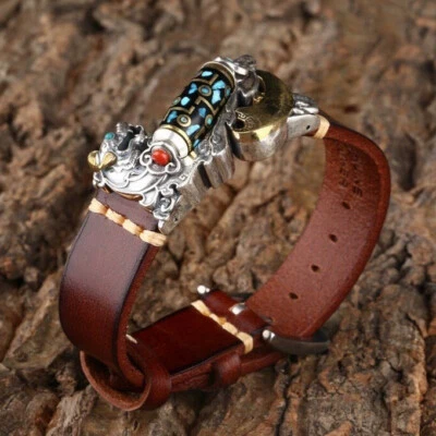 A24 Armband Pixiu Fabelwesen drehbare Dzi-PerleTürkis Stil B Silber 925 Leder - Bild 1 von 4