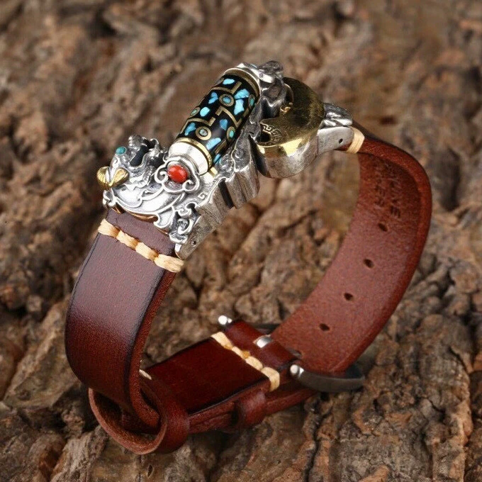 A24 Armband Pixiu Fabelwesen drehbare Dzi-PerleTürkis Stil B Silber 925 Leder - Bild 1 von 4