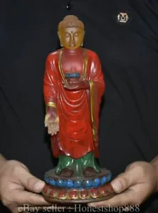 11 .2" Marked Old China Paintings Glaze Stand Shakyamuni Amitabha Buddha Statue - Picture 1 of 14