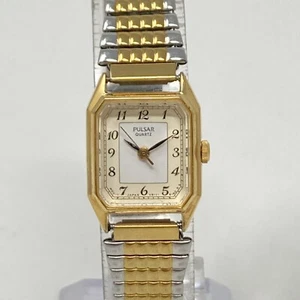 Vtg Pulsar Tank Watch Women Gold Silver Tone V811-5390 Stretch New Battery 6.25" - Picture 1 of 15