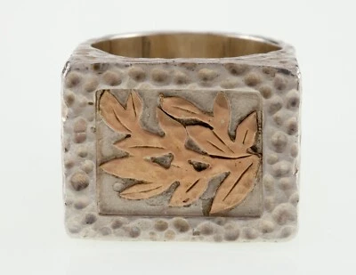 Trama Argento Sterling Fascia con un Oro Tono Disegno Foglia Misura Anello 10 - Immagine 1 di 4