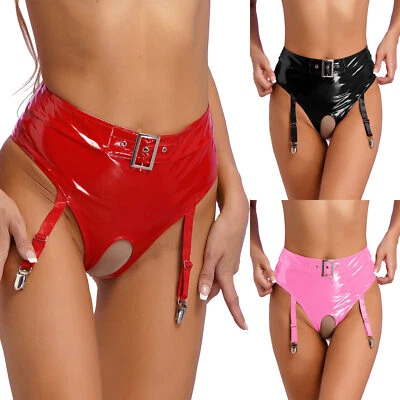 Damen Wetlook Slip Schritt Offen Panties Lackleder Shorts mit Strumpfhalter Sexy - Bild 1 von 3
