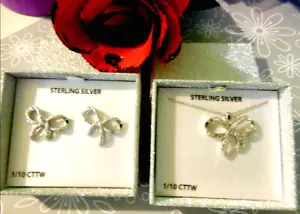 Conjunto de aretes collar con lazo de diamantes genuinos de plata de ley nuevos en cajas de regalo - Imagen 1 de 3