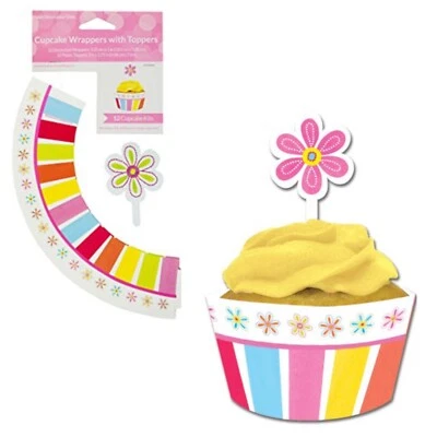 12 ct Spring flowers Decorations Party Cupcake Wrappers + picks birthday easter - Image 1 of 4