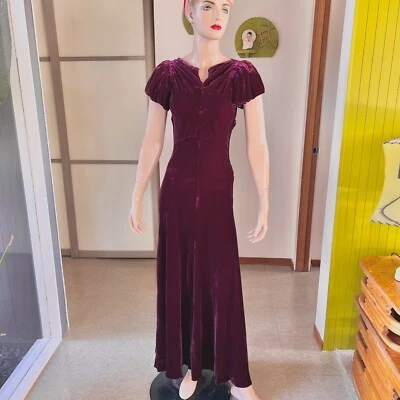 1930s vintage bias cut silk velvet burgundy gown dress 26w - Image 1 of 4
