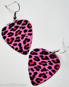 Baby Pink Leopard Animal print guitar pick earrings! Rockabilly Derby Rock 80s  - Picture 1 of 1