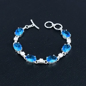 London Blue Topaz Gemstone Gift 925 Sterling Silver Jewelry Bracelet 8" VJ 2166 - Picture 1 of 4