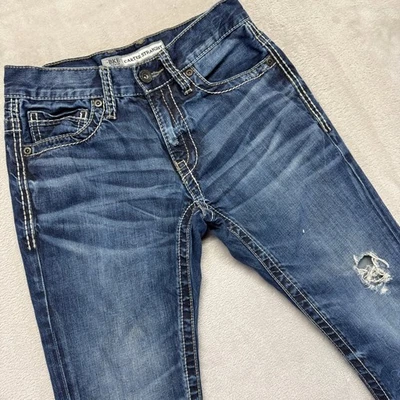 BKE Jeans Men's 27s 27x30 Blue Carter Straight Dark Wash Whiskered Distressed - Image 1 of 4