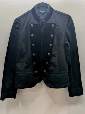Lauren Ralph Lauren Womens Peplum Denim Military Jacket 8 Black Velvet Trim Open - Image 1 of 4