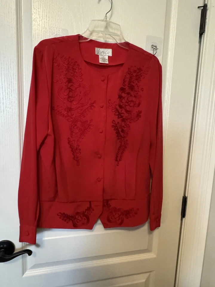 Женская винтажная красная блузка Kathy Che размер 18 с вышивкой ШИКАРНАЯ - Изображение 1 из 4