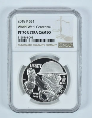 2018-P World War I Centennial Commemorative Silver Dollar PF70 UCAM NGC *8649 - Image 1 of 4