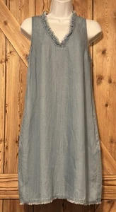 TOMMY BAHAMA Chambray Blue Ruffle Fringed Trim V-Neck Shift Dress Size Small - Picture 1 of 20