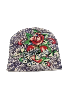 New Ed Hardy Hat Beanie “Eternal Love” Purple + Red Heart + Rose - Image 1 of 3