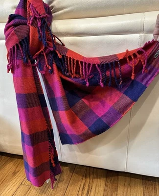 Coach Wool Blend Scarf Plaid Red Blue Tartan Check Fringe Unisex Winter Wrap - Image 1 of 4