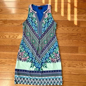 Hale Bob Womens Dress Small Sleeveless Knee Length Aline Floral Boho Turquoise - Picture 1 of 10
