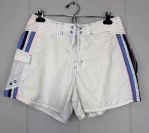 NWT Reebok Women’s White Swim Board Shorts Colorful Side Stripes Pocket 80s 90s - Picture 1 of 6