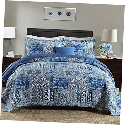  Cotton Bedspread Quilt Sets-Reversible Patchwork King Blue Classic Bohemian - Image 1 of 4
