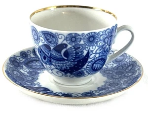 Taza de té y platillo Lomonosov Imperial Porcelana San Petersburgo Pájaro azul y blanco - Imagen 1 de 7