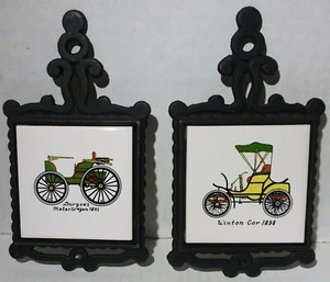 Vintage Made In Japan Set of 2 Cast Iron Tile Antique Cars Wall Hanging Trivets - Picture 1 of 10