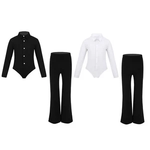 Kids Boys Bodysuit Ballroom Unitard Ballerina Rompers With Pants Dance Skating - Picture 1 of 25