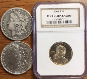 Lot Of 2 U.S. Morgan Silver Dollars & 2003-S $1 NGC PF 70 ULTRA CAMEO