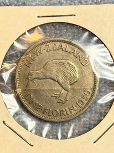 New Zealand - 1 Florin 1950 Copper-Nickel Coin - King George VI - Kiwi Bird - Picture 1 of 2