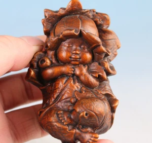 Rare chinese boxwood handmade favorite kid in flower statue netsuke collectable - Picture 1 of 6