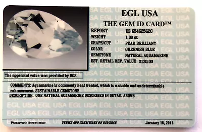 EGL USA CERTIFIED NATURAL PEAR BRILLIANT AQUAMARINE 1.09CT APPRAISED VALUE $120 - Image 1 of 4