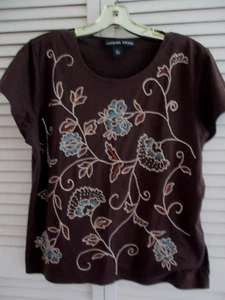 JOSEPHINE CHAUS TOP BLOUSEE CAP SLEEVES SILK BLEND KNITS BROWN EMBROIDERED L - Picture 1 of 9