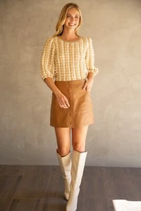 NEW VOY puff textured blouse in beige tan cream short sleeve Large fun unique - Picture 1 of 14
