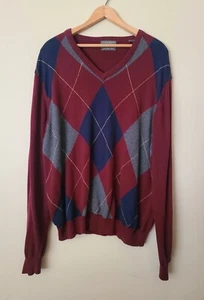 Lyle & Scott Scotland Burgundy/Gray/Navy Argyle V-Neck Cotton Sweater Size Large - Picture 1 of 4