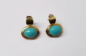 18k Yellow Gold Oval Turquoise Stud Earrings - 3.5 G - Picture 1 of 7