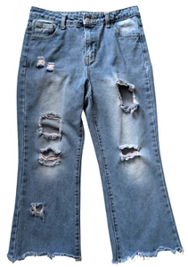 SHEIN Girls Youth 12 Light Wash Cropped Blue Denim Distressed Jeans Comfortable - Picture 1 of 8