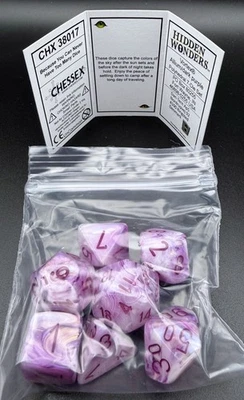 Juego de 7 dados Chessex 38017 Hidden Wonders Vortex Allium/púrpura oscuro poliédrico UC Foto 1 de 2