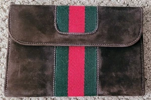 AUTÉNTICA BILLETERA VINTAGE GUCCI LÍNEA JEREZ LOGO GAMUZA CUERO USADA MARRÓN - Imagen 1 de 16
