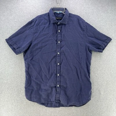 Neiman Marcus NM Mens Button Up Large L Linen Blue Short Sleeve Camisa - Image 1 of 4