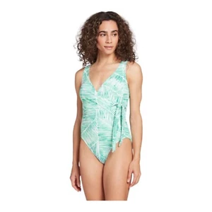 Costume da bagno Calia cravatta laterale taglia 4 NUOVO tropicale palma bianco verde pezzo unico Carrie - Foto 1 di 11