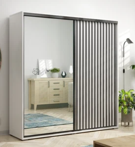 Kleiderschrank NAPOLI 200 cm Lamellen Schiebetüren Spiegel Schrank Garderobe - Bild 1 von 9