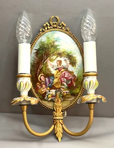 Antique Wall Light Lamp Sevres Brass Ormolu Hand Painted Porcelain Signed - Picture 1 of 8